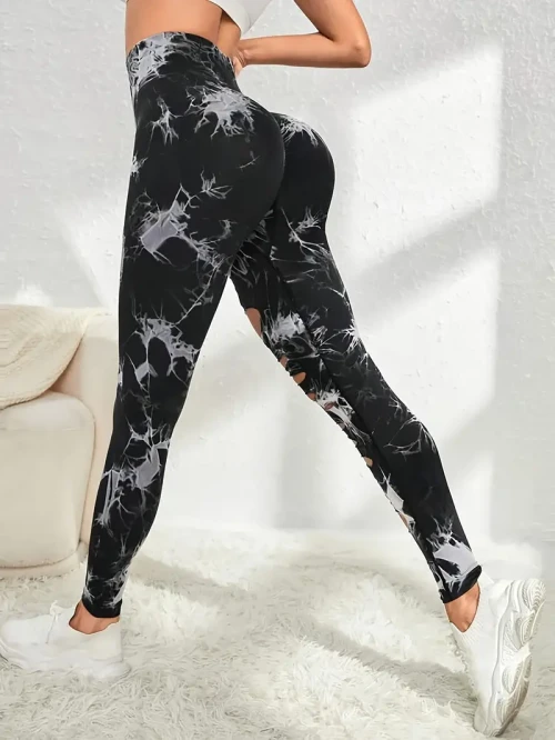 2-Pack High-Waisted Ripped Cutout Tie-Dye Yoga Leggings - Stretchy, Skinny, Breathable, and Moisture-Wicking Fitness Pants for Women