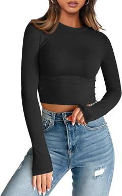 Womens Long Sleeve Crop Tops Basic Slim Fitted Black