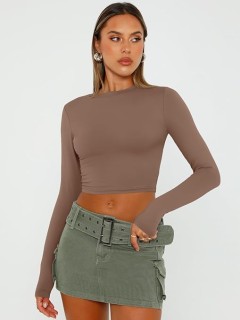 Womens Long Sleeve Crop Tops Basic Slim Fitted