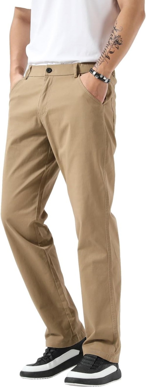 Plaid&Plain Men's Chino Pants Stretchy Straight Fit Casual Mens Khaki Pants with Side Pocket and Elastic Waistband