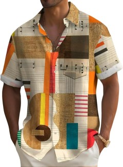 Music Shirts for Men Hawaiian Bowling Vintage Print Short Sleeve Casual Button Down Beach Big Tall Shirt
