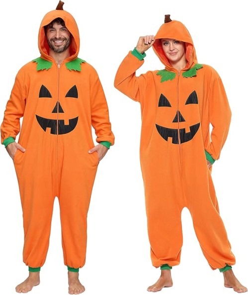 Spooktacular Creations Adults Unisex Pajama, Pumpkin Hooded Jumpsuit Costume Zip-Up Sleepwear for Halloween Cosplay Costume