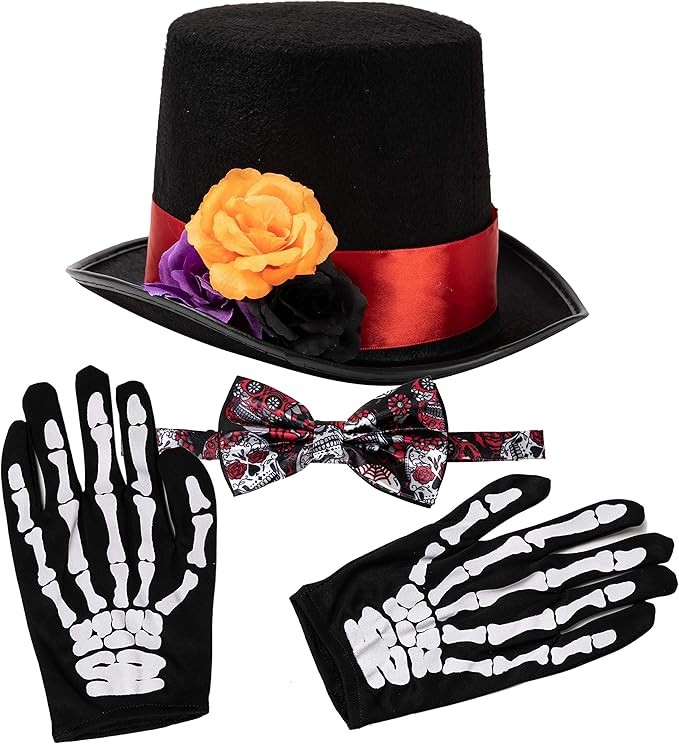 Spooktacular Creations 4 Pcs Halloween Day of the Dead Costume Accessories Set for Men Including 1 Pair of Skeleton Gloves, 1 Men’s Hat and 1 Bow Tie for Halloween Cosplay Party