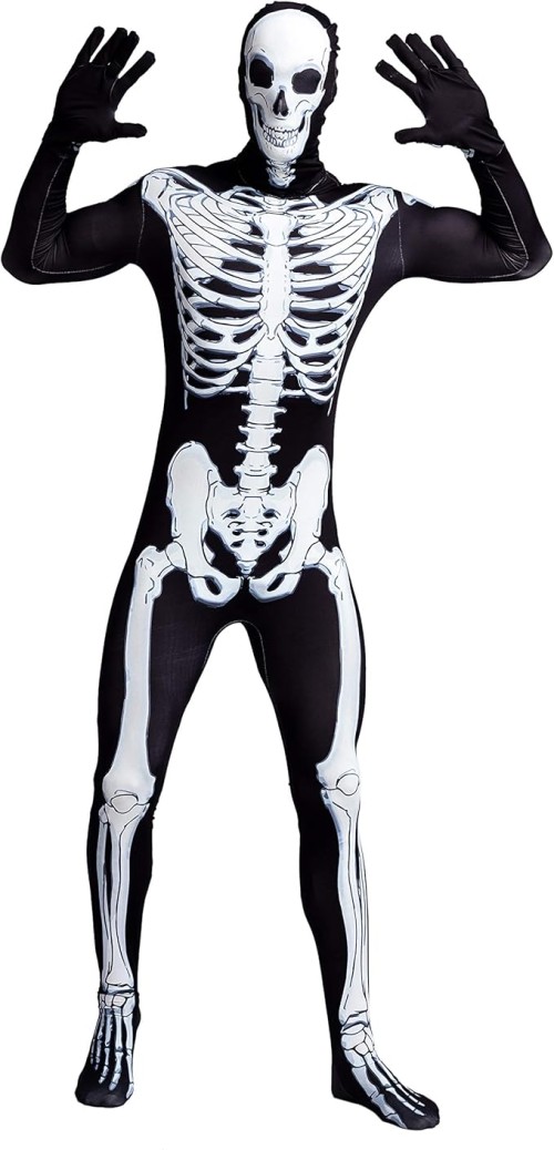 Spooktacular Creations Skeleton Bone Bodysuit Halloween Costumes for Men with Skeleton Hood Mask
