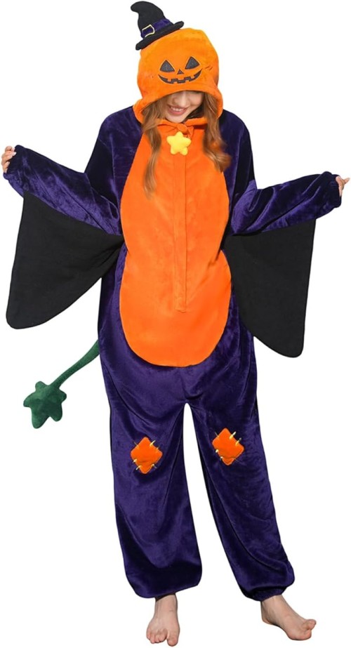 OLAOLA Halloween Costume, Unisex Adult Skeleton Pumpkin Onesie, Plush One-Piece Pajamas Halloween Cosplay Themed Party