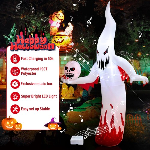 TCFUNDY 12FT Halloween Inflatable Ghost with Scary Music and Build-in LEDs, Giant Ghost Halloween Outdoor Decoration, Blow Up Decoration for Home Family Party Holiday Yard Lawn Garden