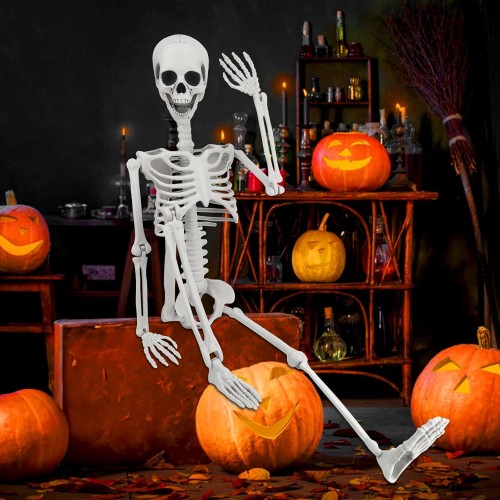 36" Skeleton Halloween Decor, 3FT Posable Halloween Skeleton Decorations, Realistic Full Body Plastic Skeleton for Halloween Party Decor, Haunted House Graveyard Props Indoor Outdoor Decorations