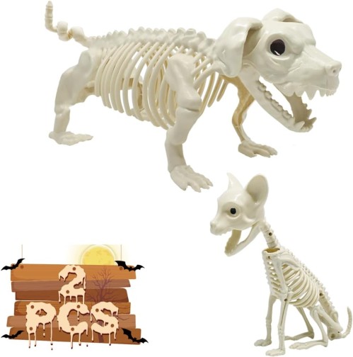 DINESIL Halloween Decoration Skeleton Dog and Cat, Skeleton Animal Plastic Puppy Kitten with Posable Joints for Halloween Outdoor Indoor Decoration, Haunted House Spooky Scene Party Decor