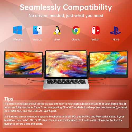 Portable Monitor - 14 Inch 1080P Laptop Screen Extender with DP/Thunderbolt USB Type-C,HDMI Laptop Monitor Extender for 12"-16.1" Laptop MacOS/Windows/Linux/Chrome