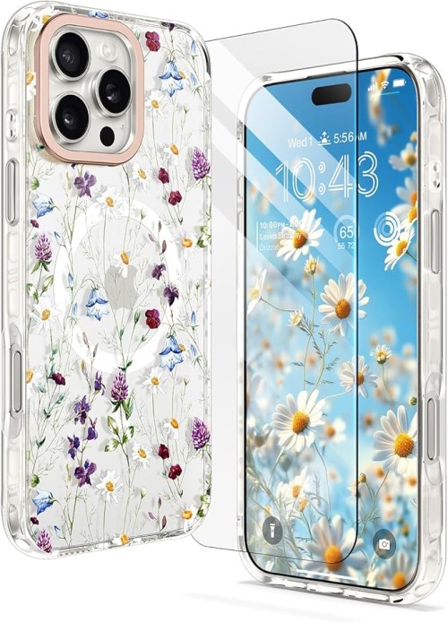 MILPROX Compatible with iPhone 16 Pro Max Case - with Screen Protector/Strap - Compatible with MagSafe - Cute Flower Floral Pattern with Girls/Women - Magnetic Slim Protective Phone Cover - Garden