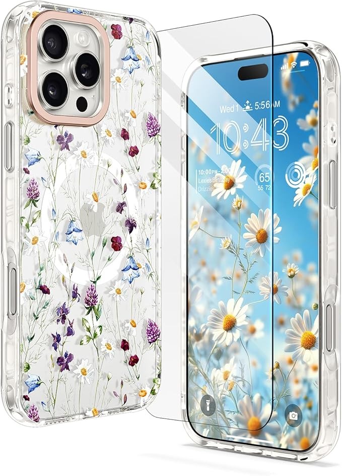 MILPROX Compatible with iPhone 16 Pro Max Case - with Screen Protector/Strap - Compatible with MagSafe - Cute Flower Floral Pattern with Girls/Women - Magnetic Slim Protective Phone Cover - Garden