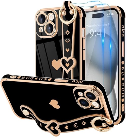 for iPhone 15 Case with Strap for Women Girls [2× Screen Protectors], Cute Love-Hearts Design, Wristband Kickstand Luxury Plating Edge Protective Phone Case for iPhone 15 (6.1'') - Black