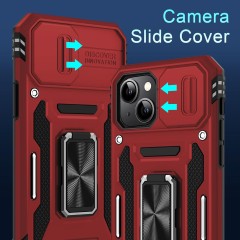 DEERLAMN Case for iPhone 15 with Slide Camera Cover + Screen Protector (2 Packs), Rotated Ring Kickstand Military Grade Shockproof Protective Cover-Red