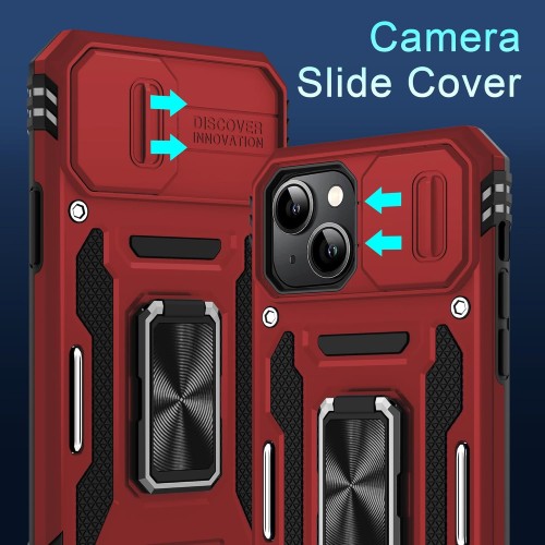 DEERLAMN Case for iPhone 15 with Slide Camera Cover + Screen Protector (2 Packs), Rotated Ring Kickstand Military Grade Shockproof Protective Cover-Red