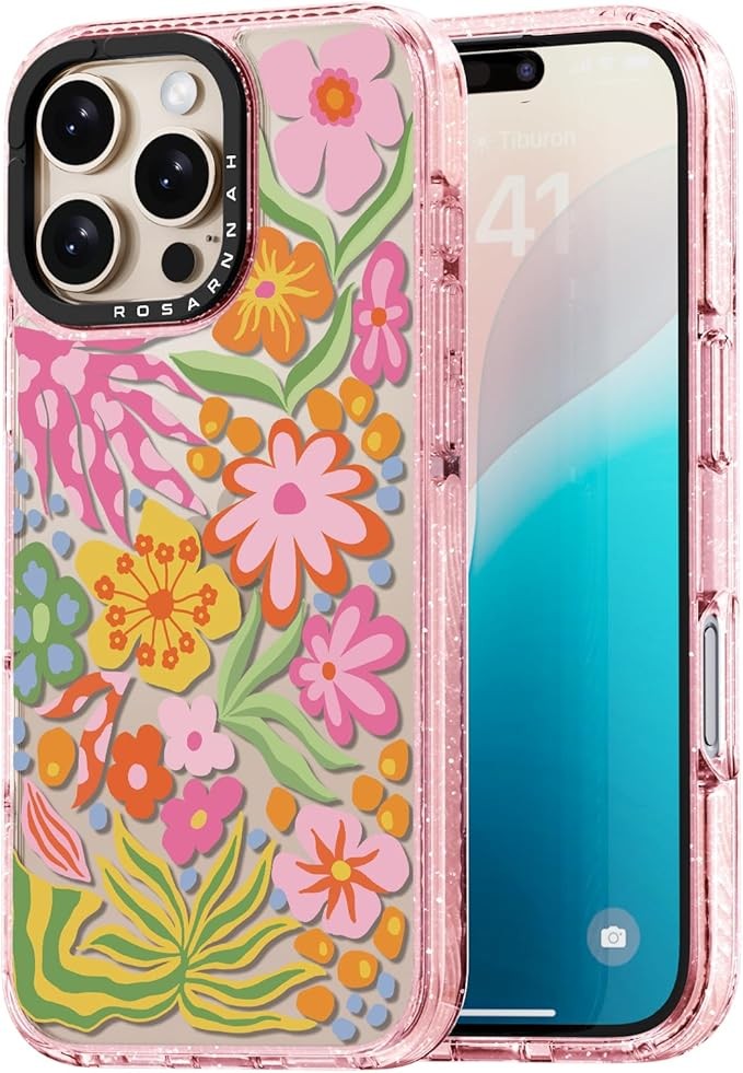 Compatible for iPhone 16 Pro Case Cute - Durable Shockproof 6.6 ft Drop Impact Phone Case - Glitter Pink Funny Passion Flower Design for iPhone 16 Pro 6.3"
