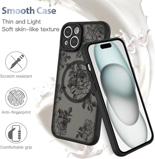 AIGOMARA Case for iPhone 15 [Compatible with MagSafe] Black Flower Floral Pattern Design Case for Women Girls Soft TPU Bumper Hard PC Back Anti-Fall Shockproof Protective Slim Magnetic Cover