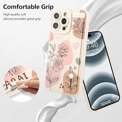 for iPhone 16 Pro Silicone Phone Case with Strap for Women Girls Cute Floral Flowers Pattern Design Adjustable Soft Wirstband Kickstand Shockproof Protective Case, White