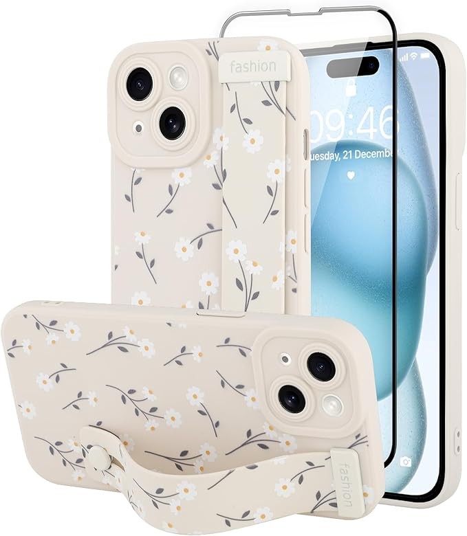 ZIYE for iPhone 15 Case with Wrist Strap Stand + Screen Protector, Cute Daisy Floral Flowers Pattern, Hand Strap Holder Protective Cover for Women Girls with Finger Grip (White, Daisy)