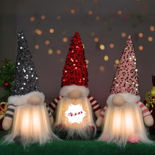 3-Piece Light-Up Christmas Gnome Decorations - 12" Tomte Plush Elf Figurines for Indoor Holiday Home Décor