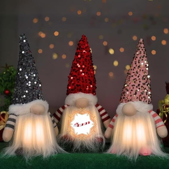3-Piece Light-Up Christmas Gnome Decorations - 12" Tomte Plush Elf Figurines for Indoor Holiday Home Décor