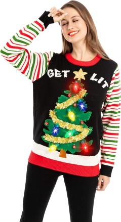 Christmas Tree Light-Up Ugly Christmas Sweater for Women 2024