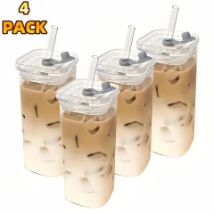 4-Piece Square Glass Cup Set with Leak-Proof Lids & Reusable Straws