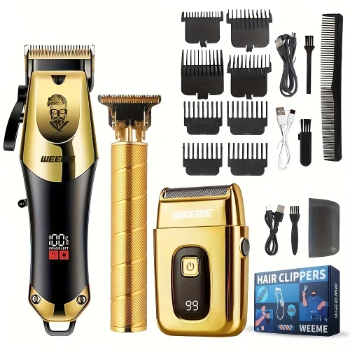 Men’s Professional Golden Hair Clipper & Trimmer Set – USB Rechargeable Grooming Kit with LCD Display