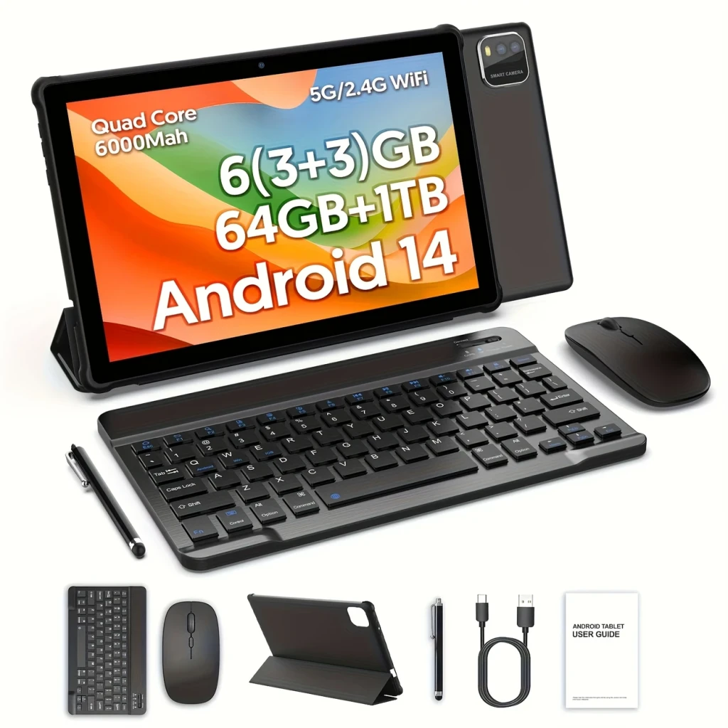 2025 Android 14 10" Tablet – (3+3)GB RAM, 64GB ROM, 1TB Expandable | 2-in-1 Tablet with Keyboard, Stylus & Case