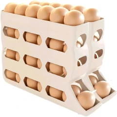 30-Egg Rolling Refrigerator Organizer – 4-Tier Space-Saving Egg Dispenser (White)