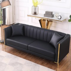 Black 3-Seater Faux Leather Sofa with Gold Metal Legs, Comfy Deep Seat Couch with 2 Throw Pillows
