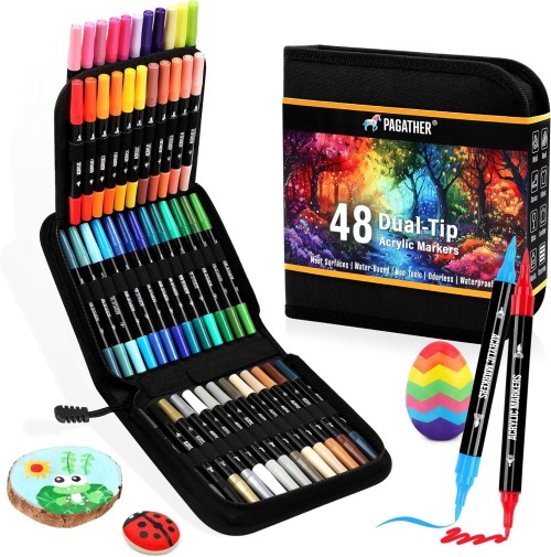 48 Dual-Tip Acrylic Paint Markers – Fine + Brush Tips! For Rock, Wood, Glass, DIY Crafts & Calligraphy 💥🖌️