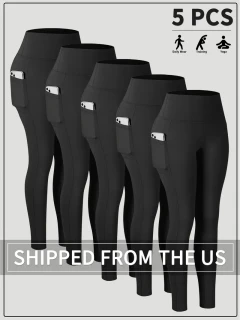 Black 5-Pack Women’s High-Waisted Yoga Pants with Side Pockets – Non-See-Through, Stretchy Active Leggings for Gym, Running & Casual Wear – Soft, Breathable, Machine Washable