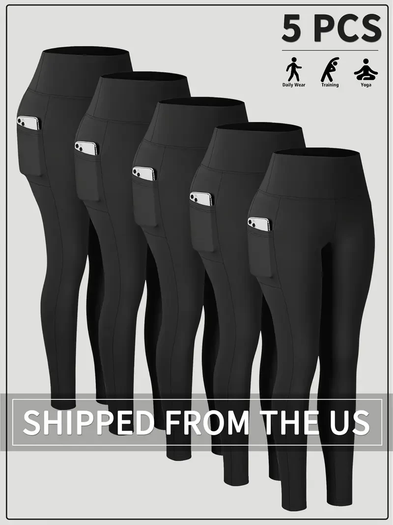 Black 5-Pack Women’s High-Waisted Yoga Pants with Side Pockets – Non-See-Through, Stretchy Active Leggings for Gym, Running & Casual Wear – Soft, Breathable, Machine Washable