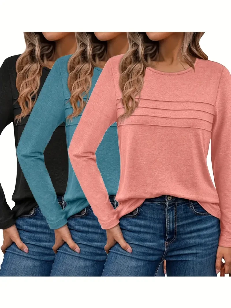 3-Pack Women’s Long Sleeve Pleated Blouses – Elegant Casual Business Tops, Round Neck Solid Color Shirts (Black, Teal, Coral) – Machine Washable, All-Season Wear