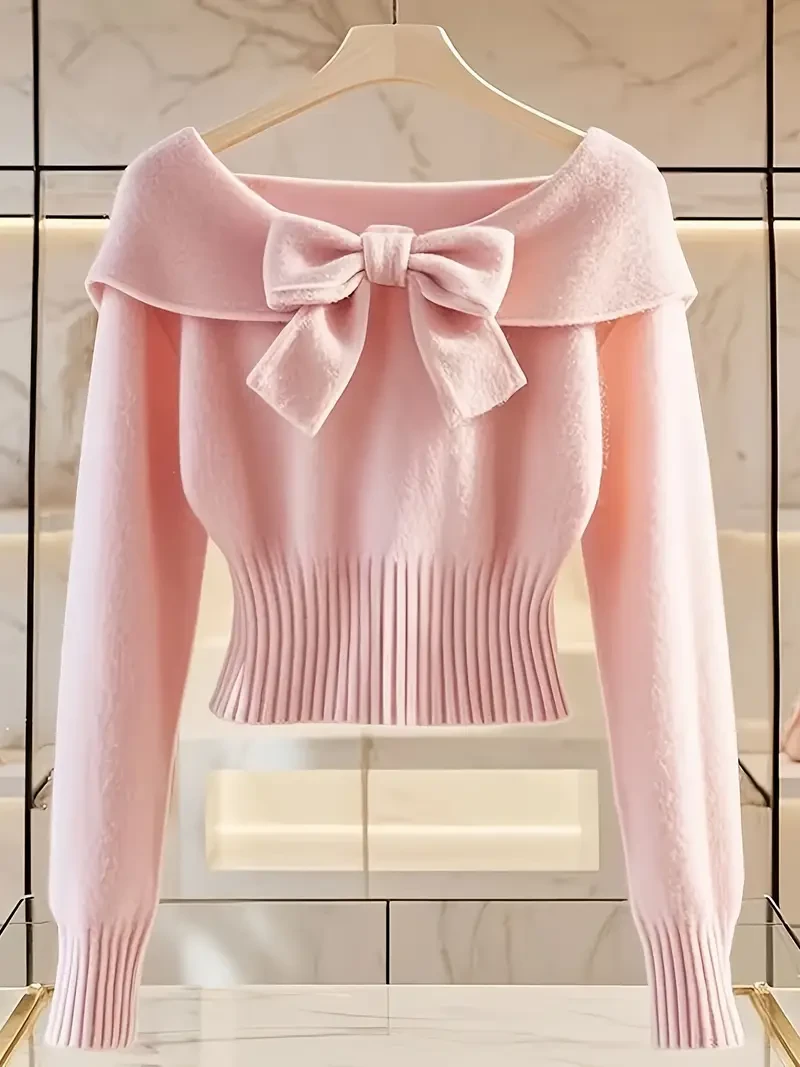 Soft Pink Women’s Boat Neck Sweater with Front Bow – Machine Washable, All-Season Ribbed Pullover