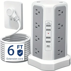 LEVEL 4 Upgraded Power Strip Tower – 16 AC Outlets with USB & USB-C Ports, Surge Protector with 5 USB Charging Ports – Flat Plug, Extension Cord for Desktop & Home Use