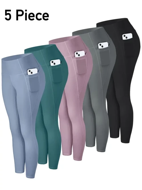 5-Pack Women’s High-Waisted Leggings with Side Pockets – Non-See-Through, Stretchy Nine-Tenths Cropped Pants, Multi-Color Solid Design (Maroon, Blue, Black, Olive, Charcoal) – All-Season Wear