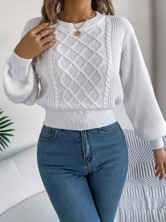 Women’s Elegant Cable Knit Sweater – Cozy Long Sleeve Crew Neck, Solid Color Ribbed Waist, Versatile Fall/Winter Top