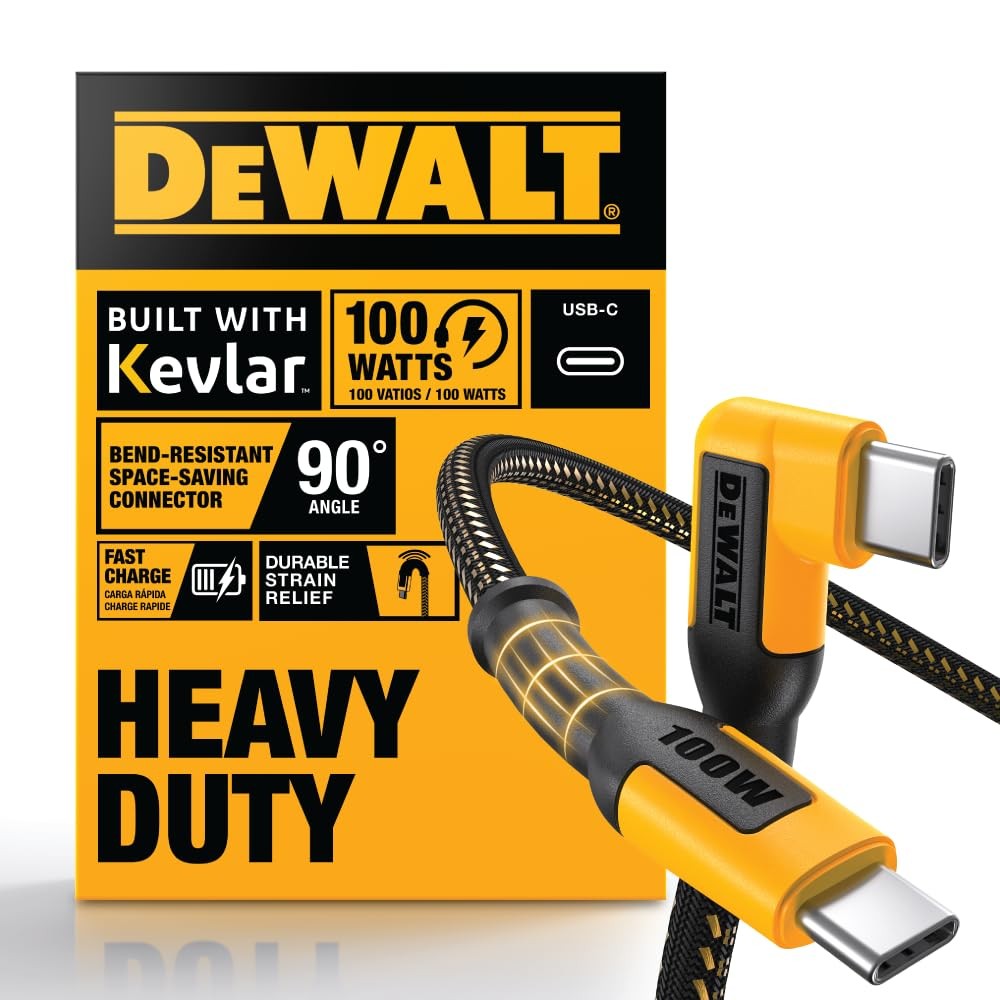 DEWALT 90° Angled USB-C Cable – 100W Heavy Duty Jobsite Charger (4FT)