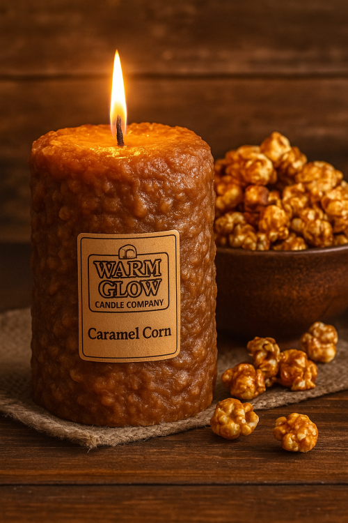 🍿 Warm Glow Candle Company – Caramel Corn Hearth Pillar Candle (5" x 4.5")