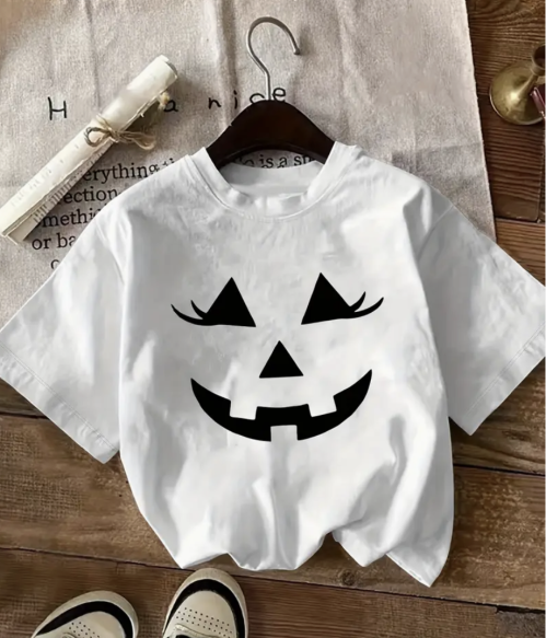 White Halloween Pumpkin Face Graphic T-Shirt