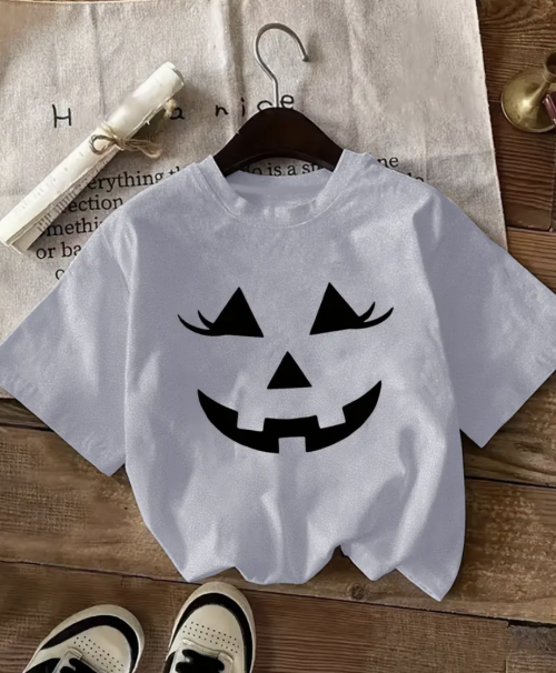 Light Gray Halloween Pumpkin Face Graphic T-Shirt