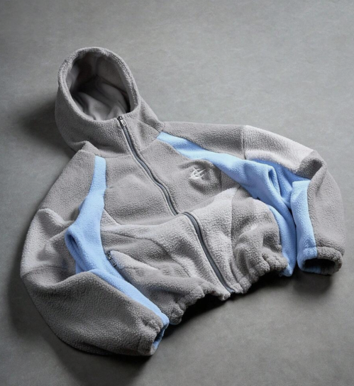 Grey & Blue Patchwork Zip-Up Hooded Jacket