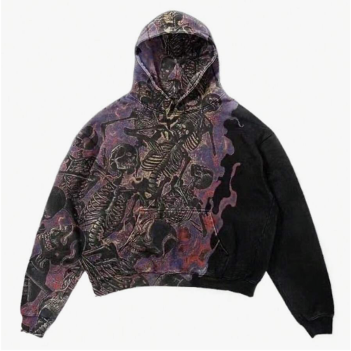 Skull Digital Print Long Sleeve Hooded Sweater