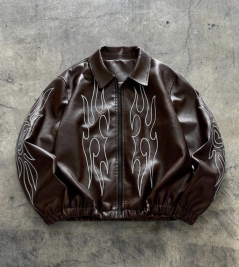 Flame Pattern Leather Zip-Up Jacket