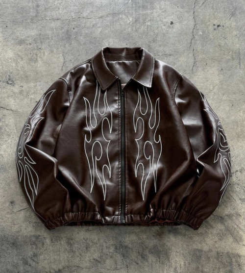 Flame Pattern Leather Zip-Up Jacket