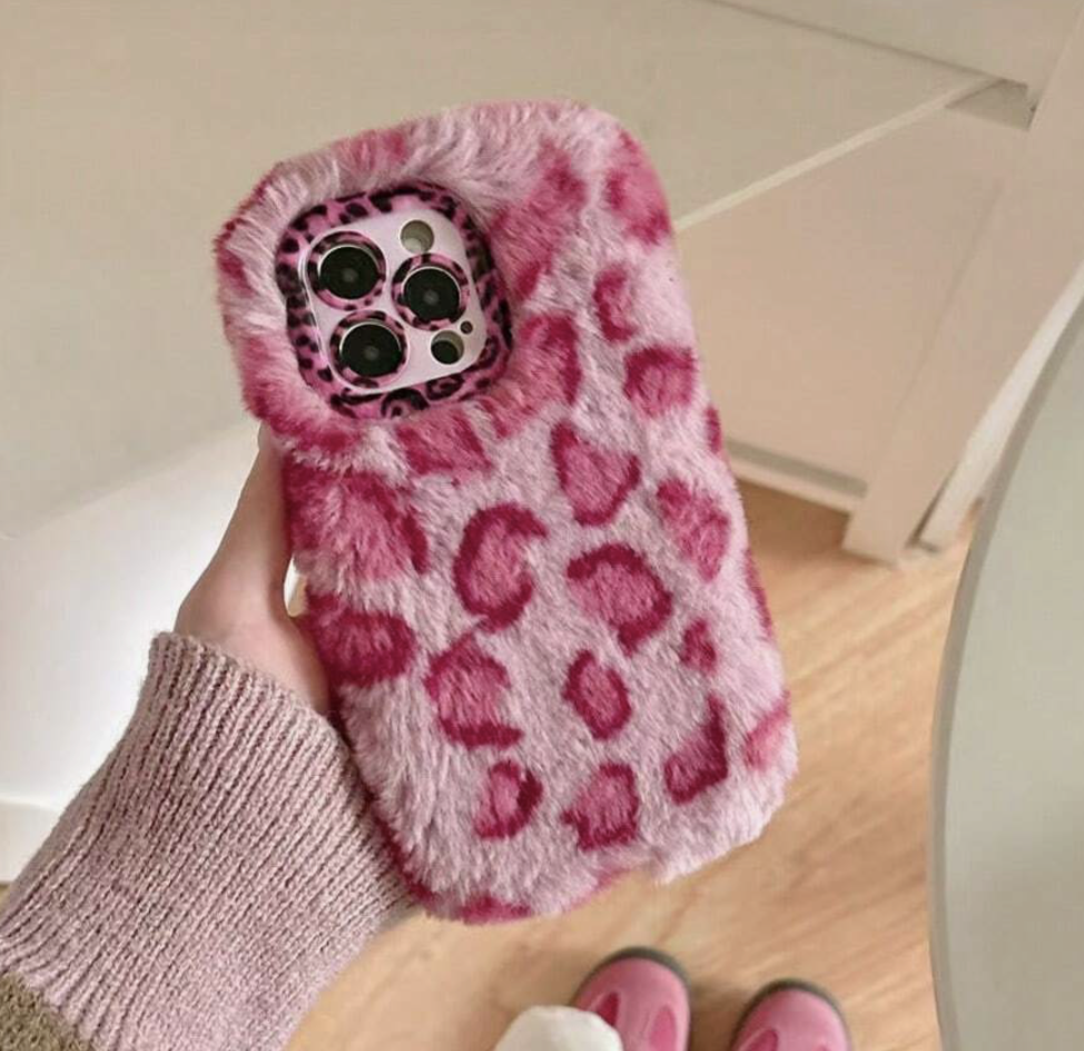 Leopard Plush Phone Case with Wrist Strap