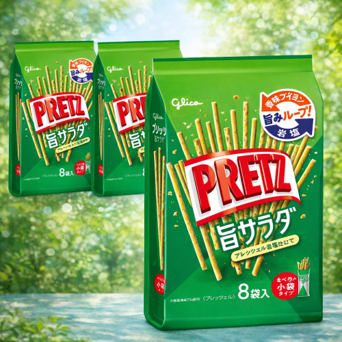 Glico Pretz Delicious Salad 118g (4.16 oz) – 8 Bags x 6 Packs – Savory Pretzel Sticks with Bouillon & Rock Salt
