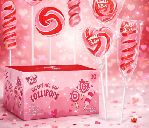 30 Pack Valentine’s Day Lollipops – Individually Wrapped Heart, Swirl & Twist Suckers – Strawberry, Raspberry, Tutti Frutti – Bulk Party Favors