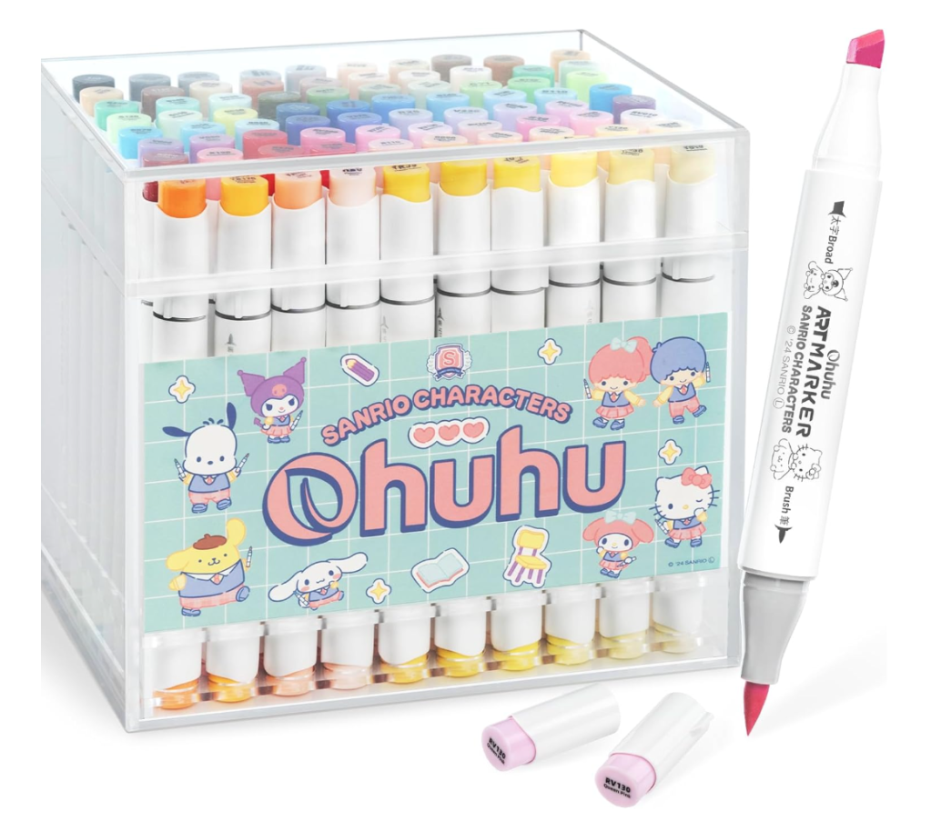 Sanrio Characters × Ohuhu Illustration Markers, Brush Type, 80 Colors, 81 Pens, Used by Professionals, Pastel Colors, Light Colors, Alcohol-based Marker Pens